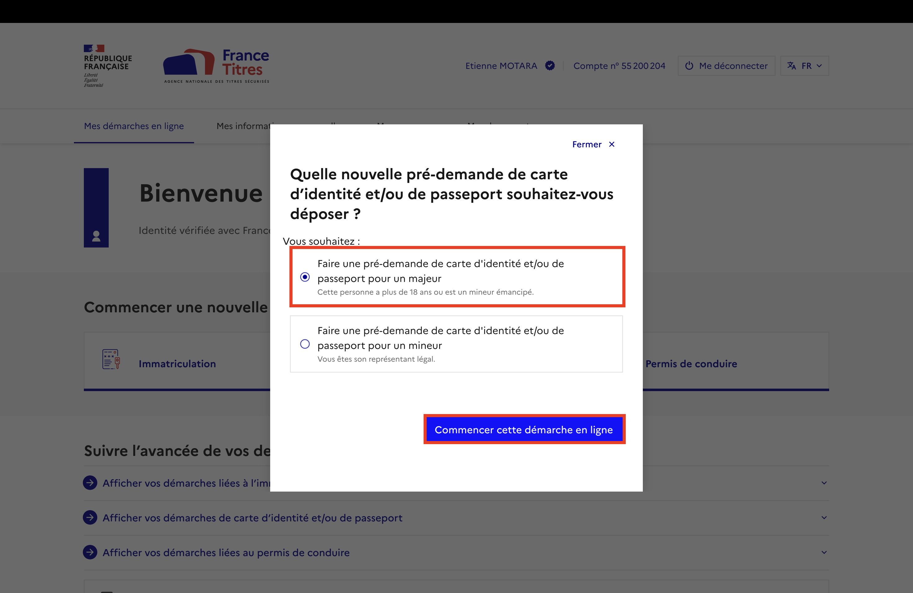 Bouton Faire une pré-demande de carte d’identité et/ou de passeport pour un majeur