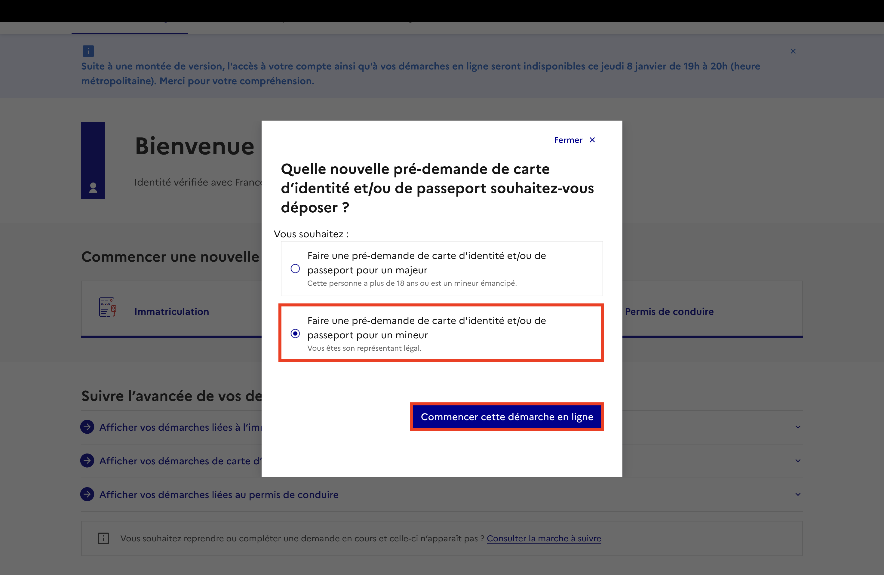 Bouton Faire une pré-demande de carte d’identité et/ou de passeport pour un mineur