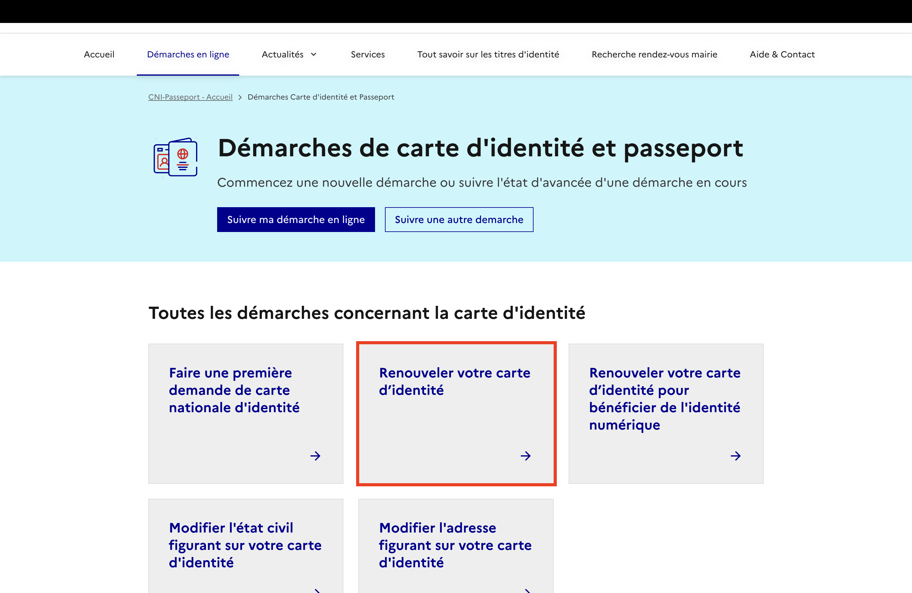 Bouton renouveler carte d’identité