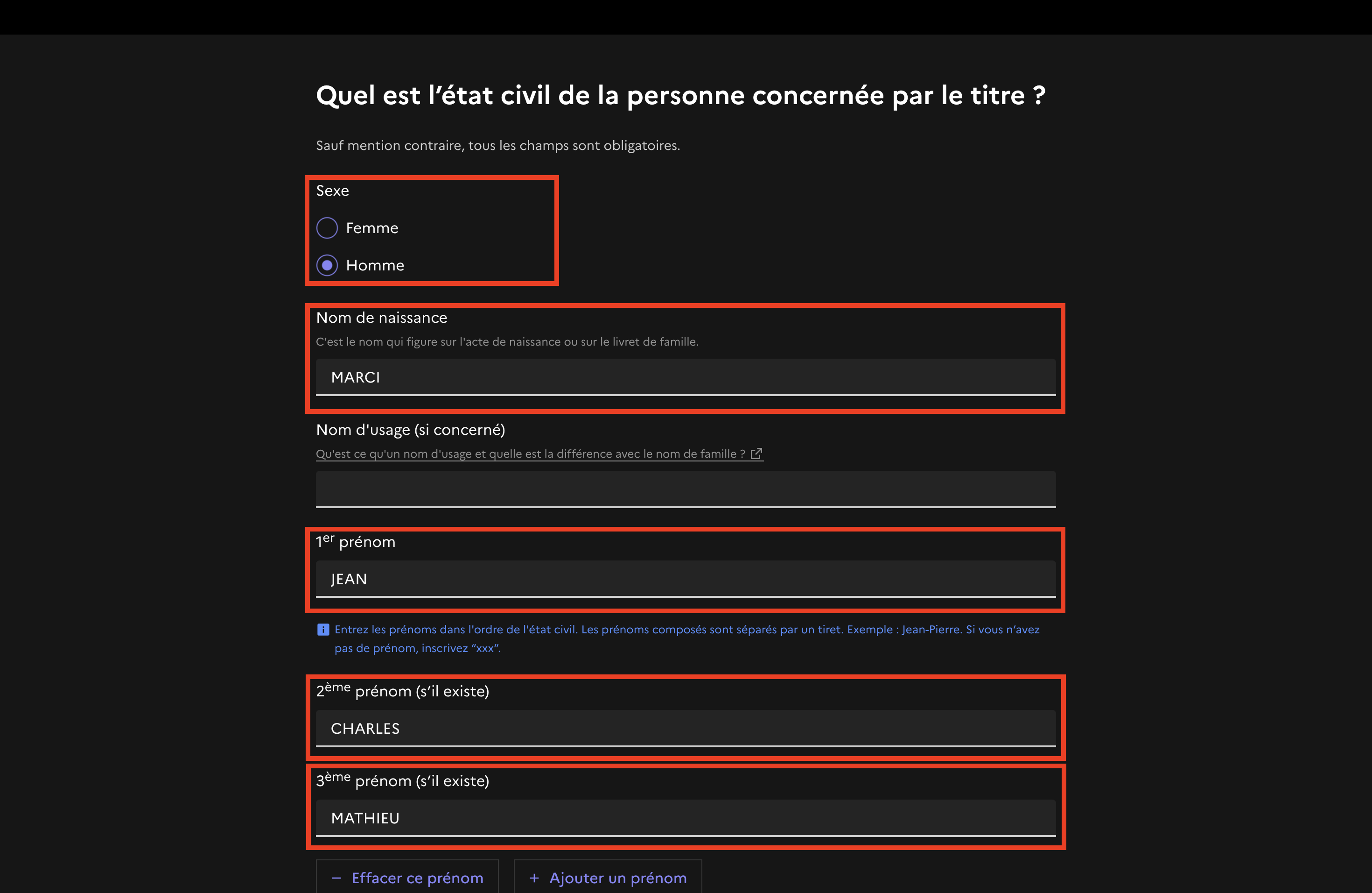 Formulaire Etat civil 1