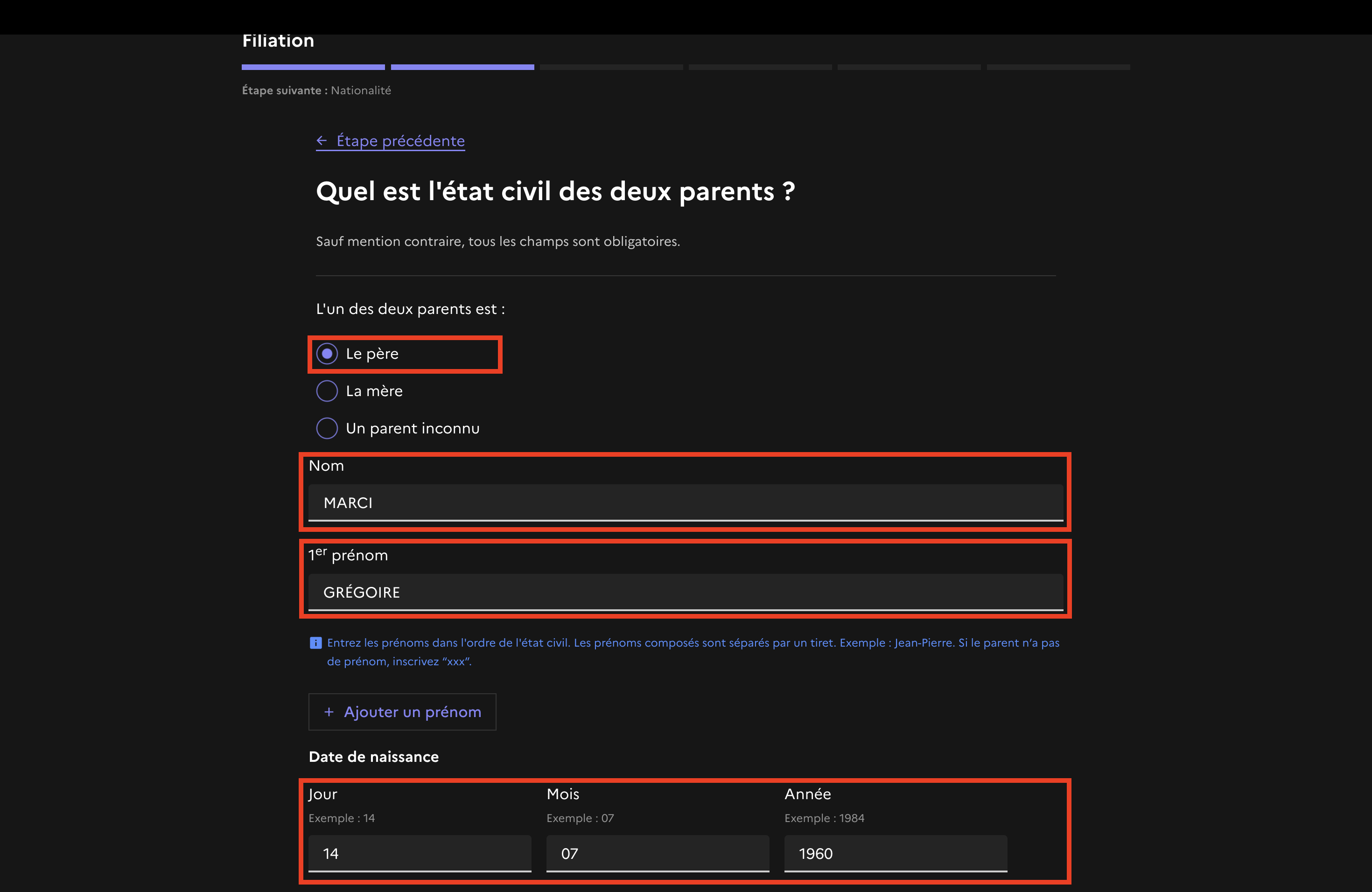 Formulaire Etat civil des parents 1