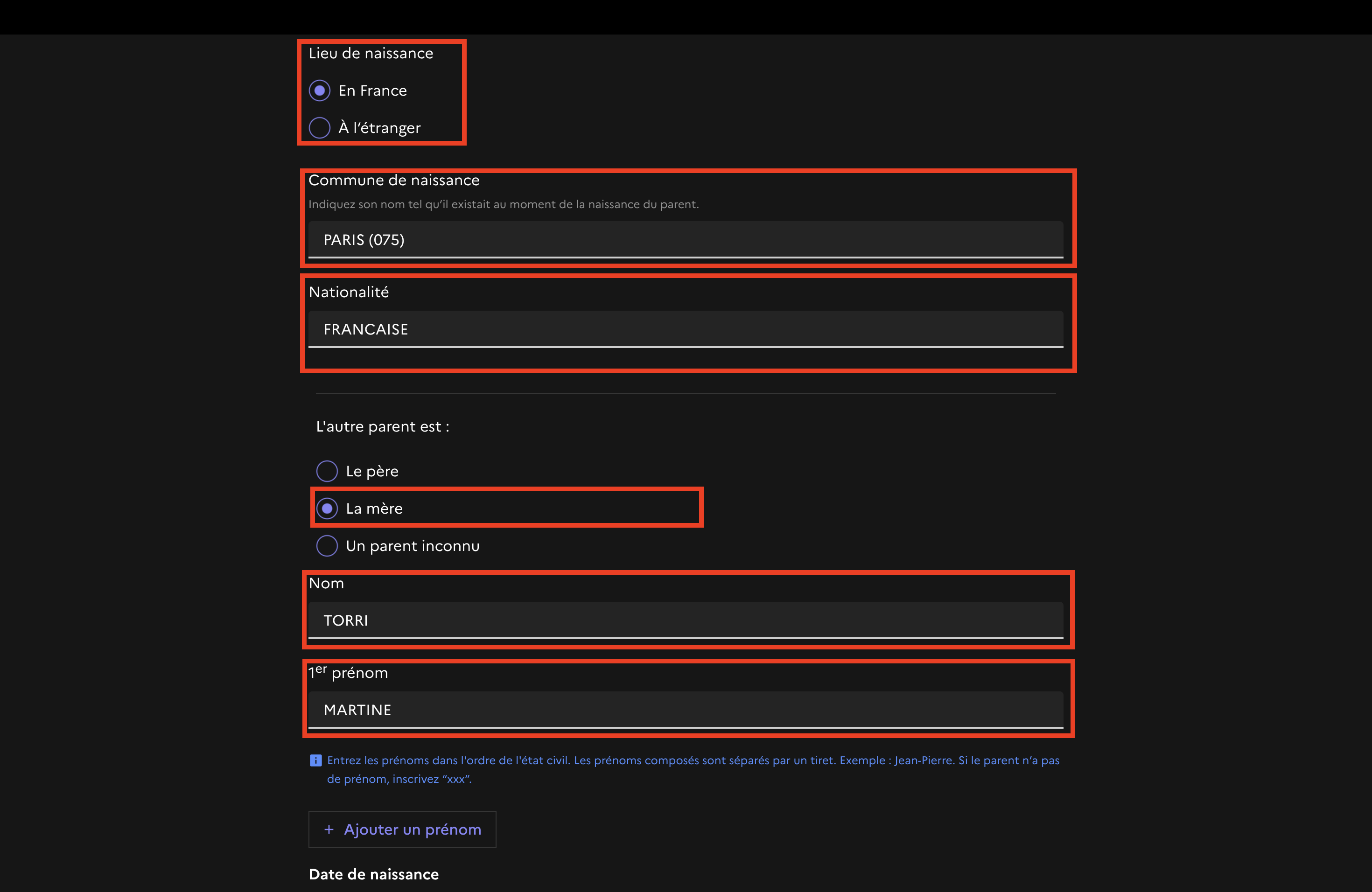 Formulaire Etat civil des parents 2