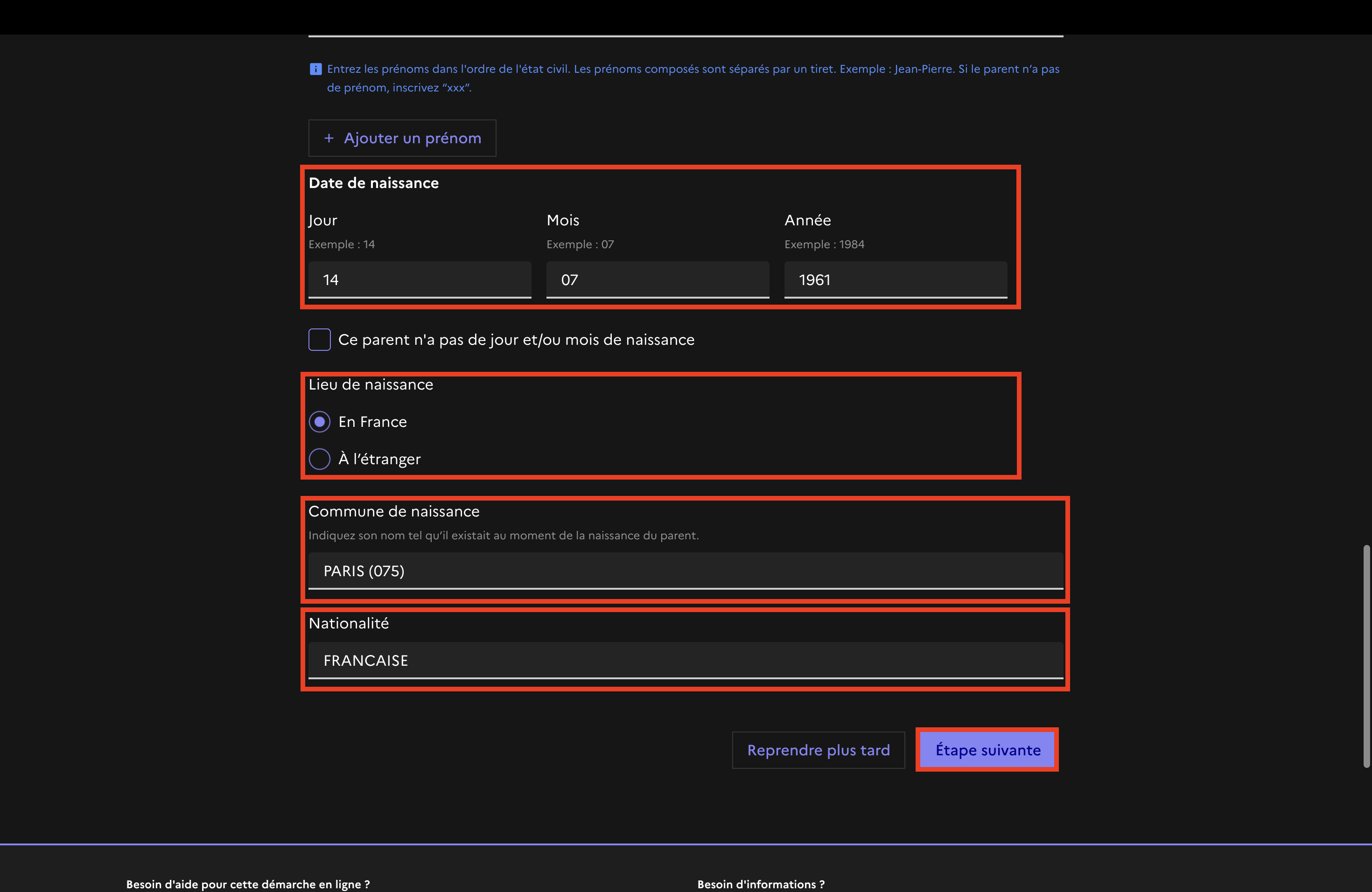 Formulaire Etat civil des parents 3
