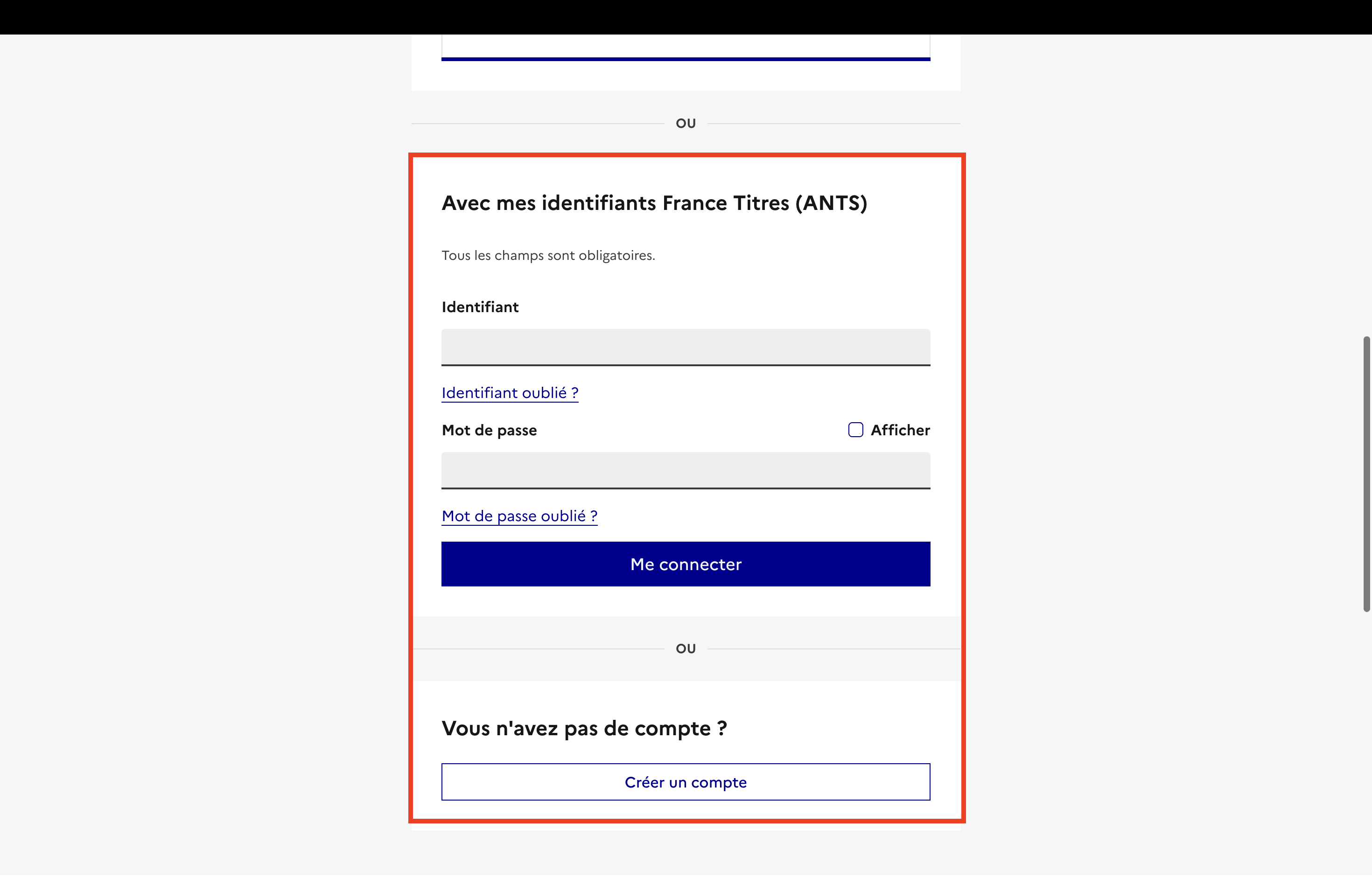 Formulaire identifiants ANTS
