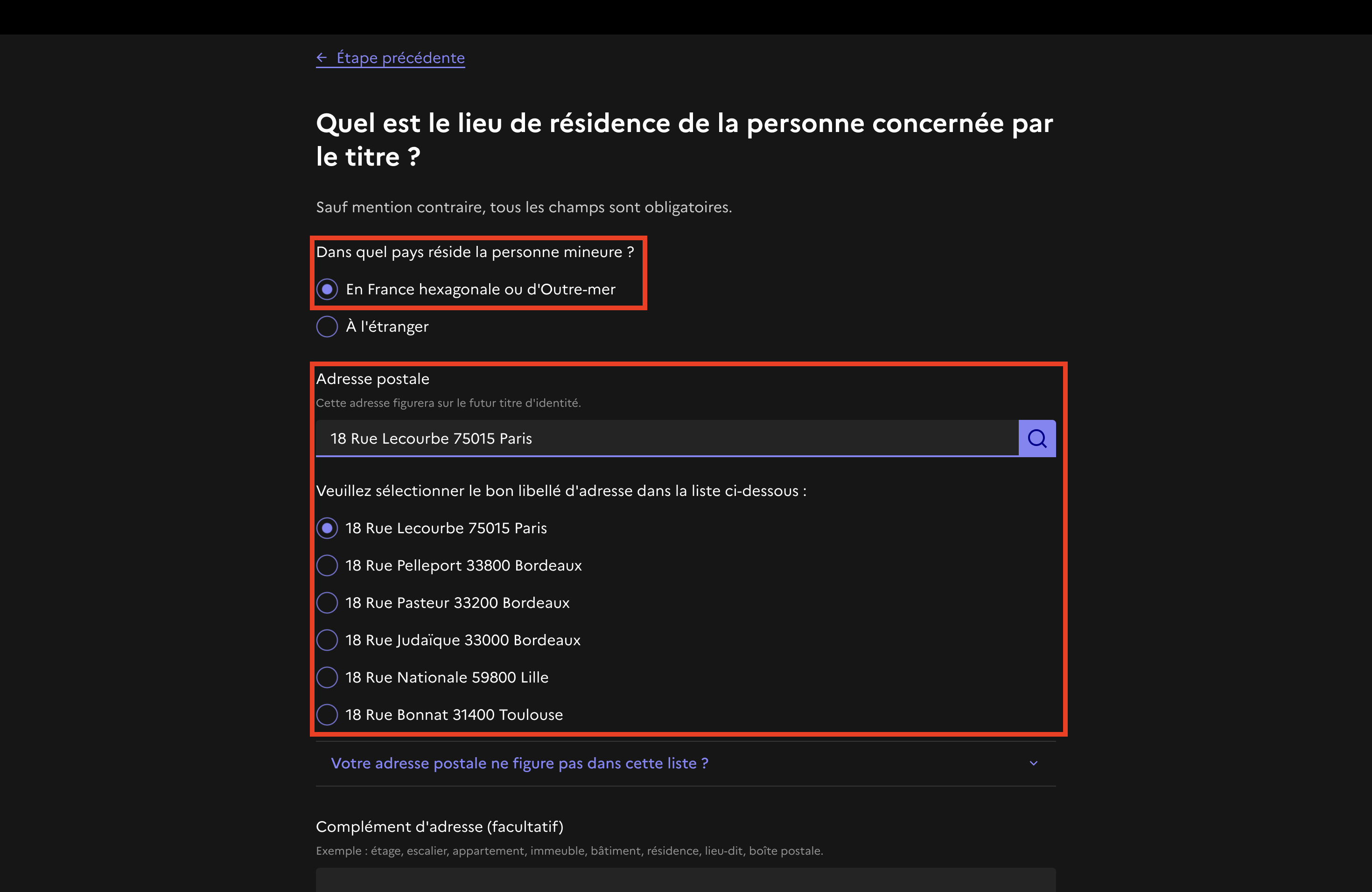 Formulaire lieu de résidence et contact 1