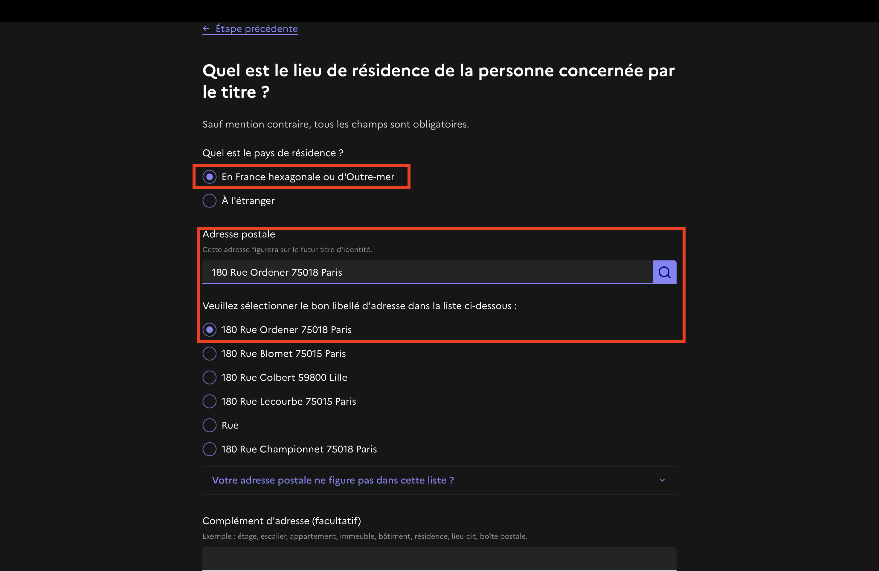 Formulaire lieu de résidence et contact 1