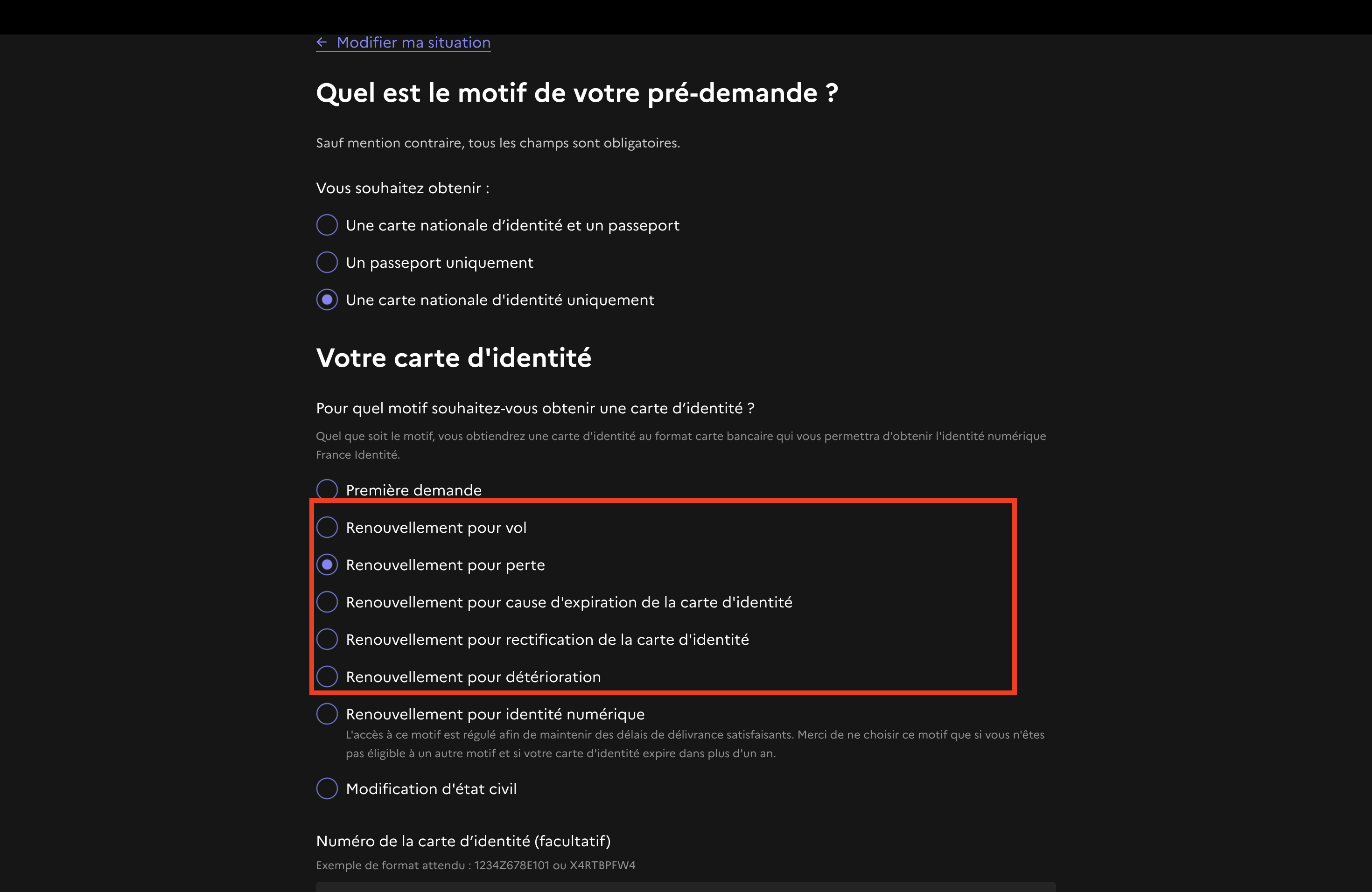 Formulaire Quel est le motif de votre pré-demande renouvellement 1
