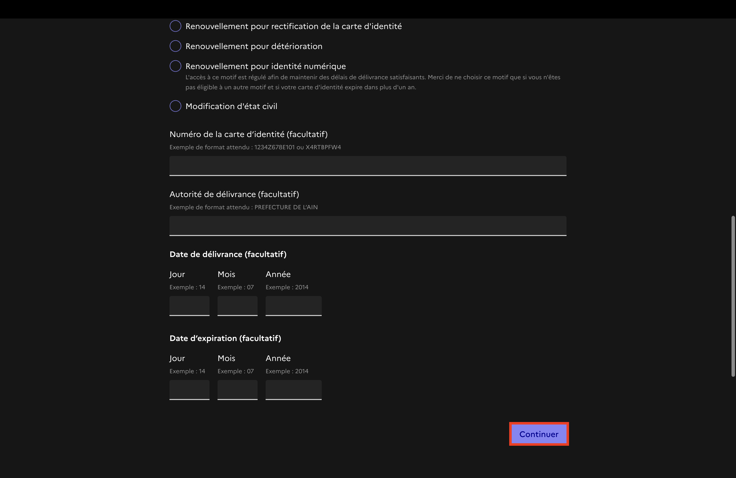 Formulaire Quel est le motif de votre pré-demande renouvellement 2