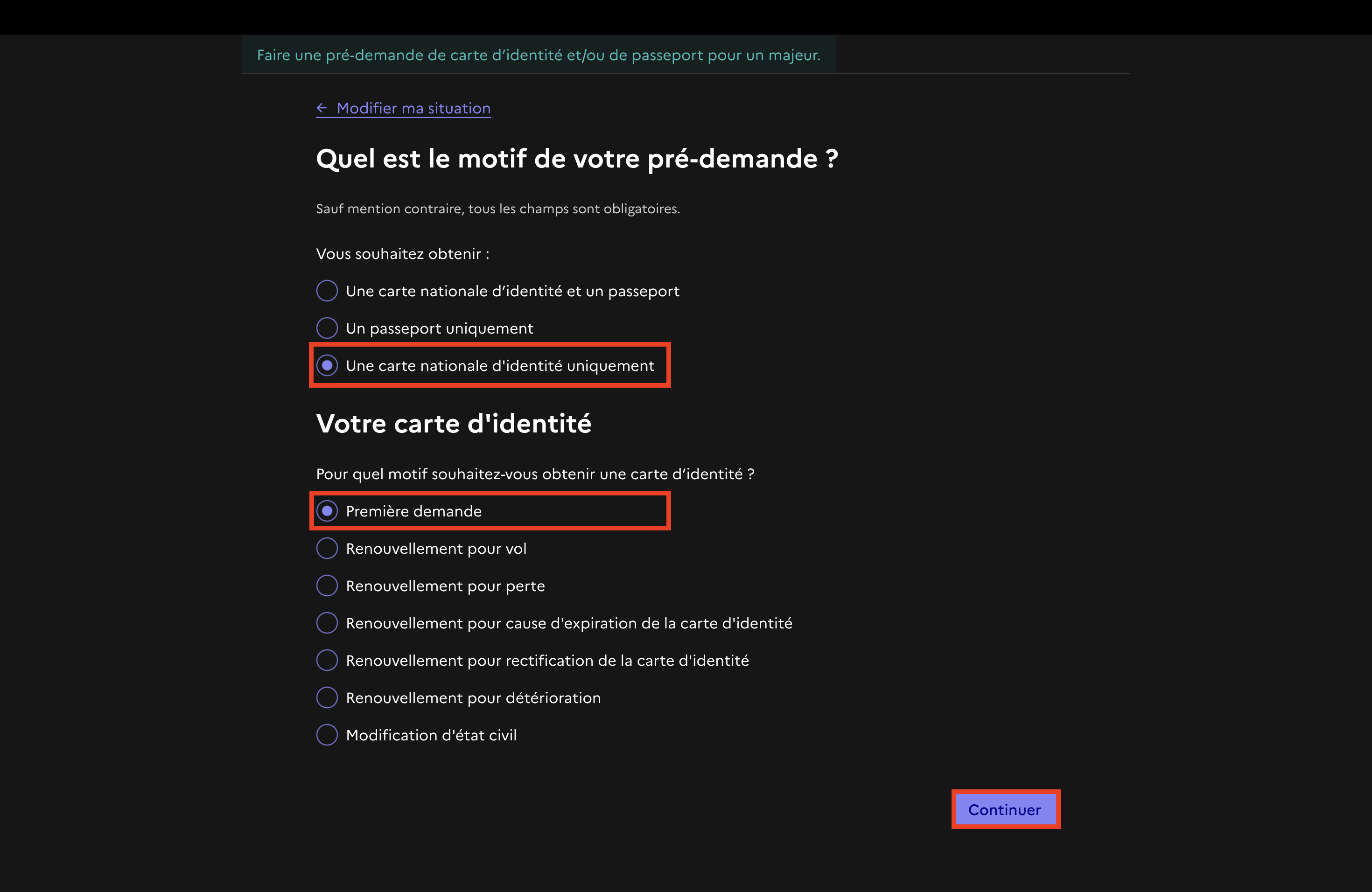 Formulaire Quel est le motif de votre pré-demande